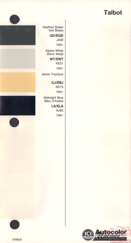 1983 - 1986 Talbot Paint Charts Autocolor